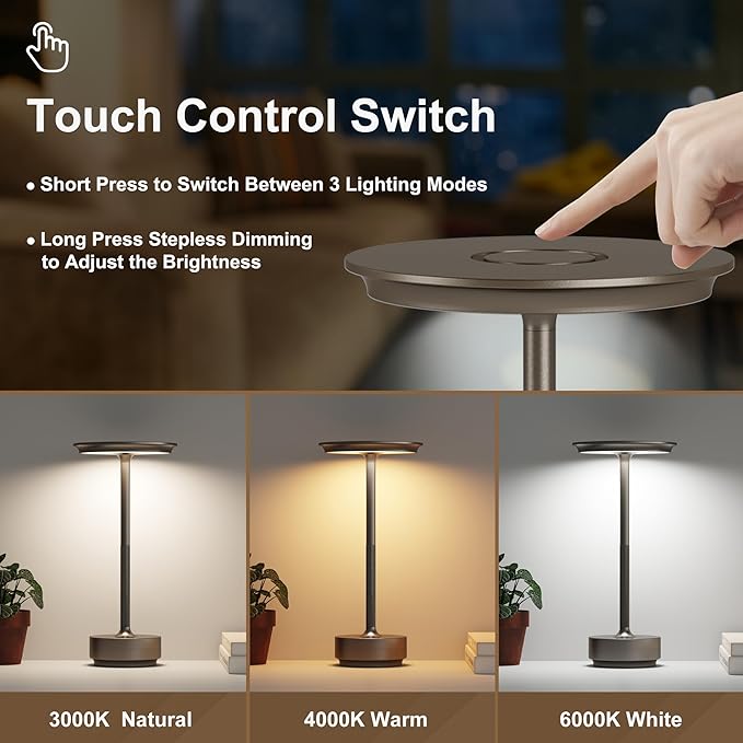 2 Pack Cordless Table Lamps Rechargeable, Portable 5000mAh LED Table Light, 3 Color Stepless Dimming Battery Powered Table Lamp for Bedroom/Home/Restaurant/Outdoor.(Cafe)