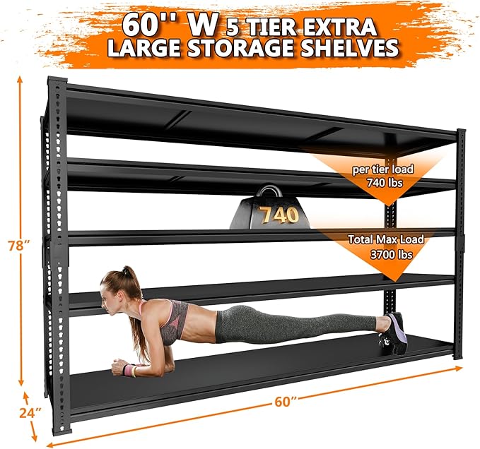 Storage Shelves Heavy Duty 4 PCS, 60" L x 24" W x 78" H Garage Storage Shelves Unit Loads 3700LBS, 5-tier Adjustable Metal Industrial Utility Shelf Rack for Kitchen, Laundry Room, Warehouse, Basement