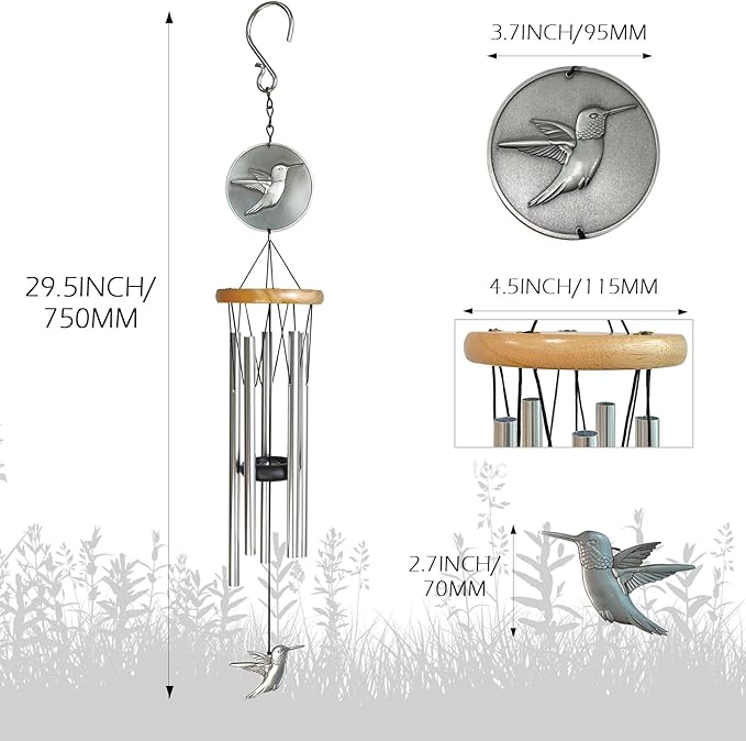 Hummingbird Wind Chimes for Outside,29 "Outdoor Wind Chimes Hummingbird Gifts for Women/Mother/Father/Christmas/Unisex,Unique Windchimes Outdoors Patio Home Yard Garden Decor(Silver)