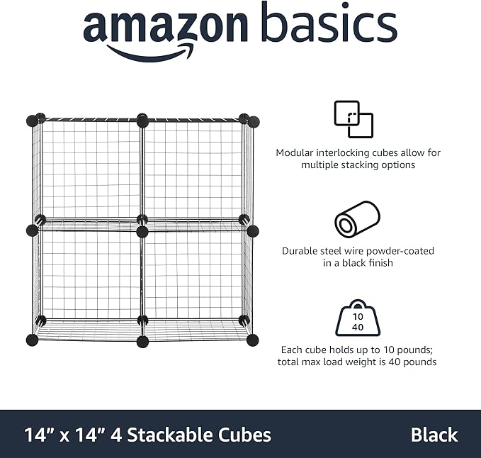 Amazon Basics 4 Cube Storage Organizer - Wire Grid Closet and Shelves, Stackable, Black 14"x14"x14"
