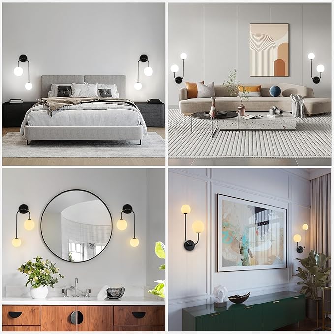 Milk Glass Wall Sconce Black Wall Sconces Set of Two Mid Century Modern Sconces Wall Lighting 2 Light Globe Sconce for Bedroom Living Room Hallway Wall Light Fixtures