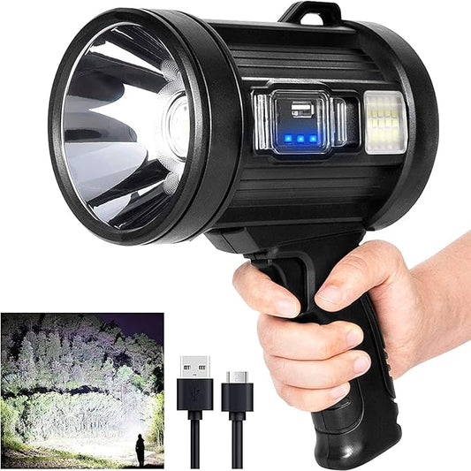 MIXILIN Rechargeable Spotlight, 90,000 Lumens Handheld Hunting Flashlight Led Spot Light with Cob Light and Solar Panels, Lightweight and Super Bright Spotlight for Hunting Boating Camping