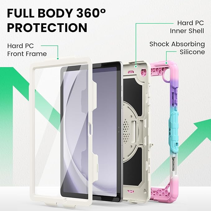 SEYMAC Case for Samsung Galaxy Tab A9+/ A9 Plus 11" (SM-X210/X216/X218), Heavy Duty Shockproof Protective Case with Screen Protector, Rotating Stand, Hand/Shoulder Strap, Pink