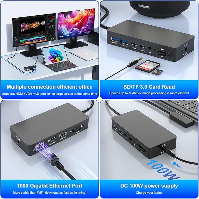 Microsoft Surface Thunderbolt 4 Dock Triple Displays Dual HDMI+VGA, 12 in 1 Surface Docking Station for Surface Pro 11/10/9/8/X/7+/7, Surface Laptop 7/6/5/4/3, Laptop Studio