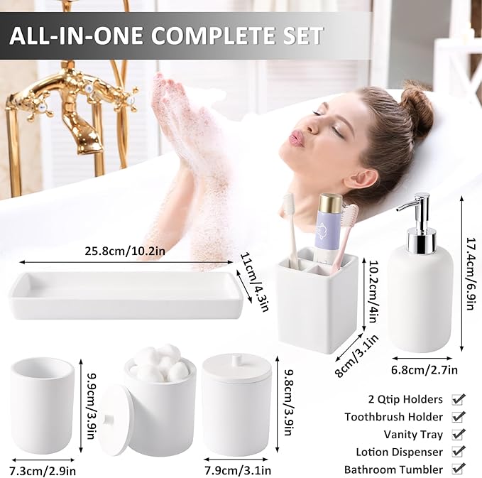 Resin 6 Pcs White Bathroom Set Complete with Toothbrush Holder, Lotion Soap Dispenser, 2 Qtip Holder Dispensers,Vanity Tray,Bathroom Tumbler - Countertop Vanity Organizer - Bathroom Accessories Set
