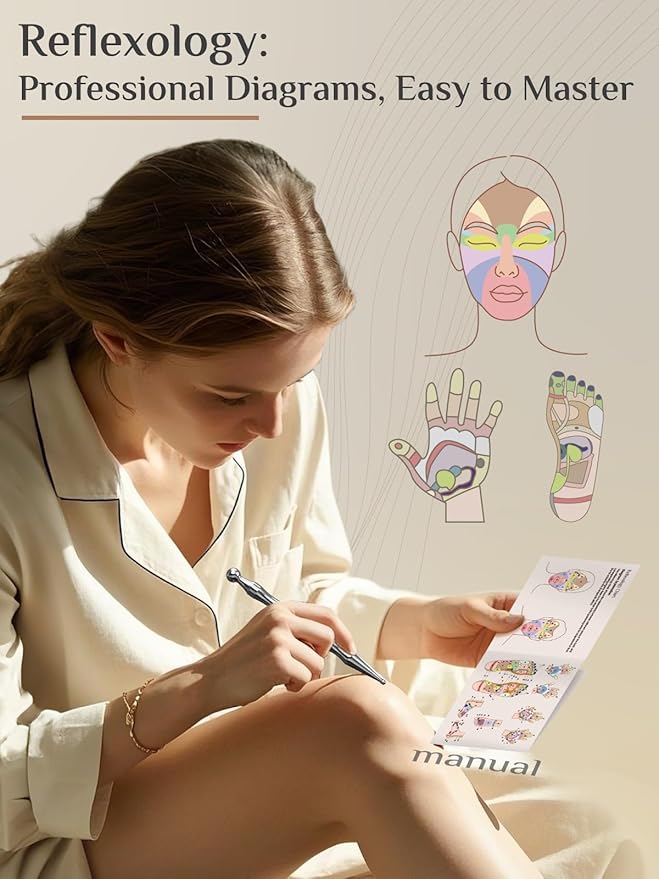 Rena Chris Acupuncture Pen, Manual Reflexology Tools for Muscle Tension and Pain Relief, Acupressure Pen and Stainless Steel Gua Sha Set with Reflexology Chart, Easy to Use