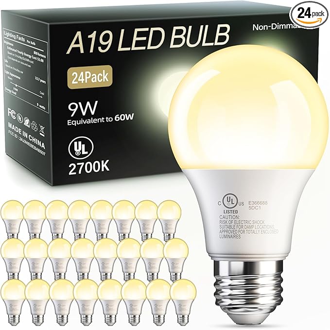 TJOY 24 Pack A19 LED Light Bulbs, 60 Watt Equivalent LED Bulb, Soft Warm White 2700K, Efficient 9W, E26 Standard Base, Non Dimmable Energy Saving Lightbulb, 800LM, 80 CRI, 120V, UL Listed