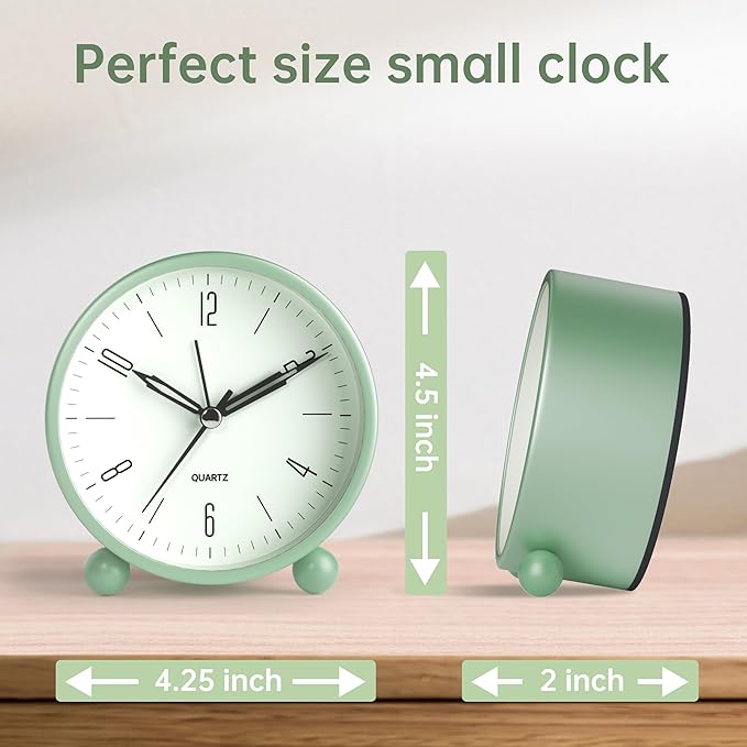 Analog Alarm Clock, 4 inch Super Silent Non Ticking Small Clock with Night Light, Battery Operated, Simple Design, Old Fashioned Style Ideal Decor, for Bedroom, Bedside, Desk, Adult, Kid, Gift, Green