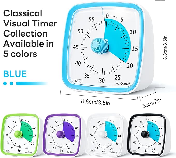 Yunbaoit Visual Timer with Night Light, 60-Minute Countdown Timer for Kids and Adults, Silent Classroom Timer, Time Management Tool for Home, School, or Work (Light Blue)