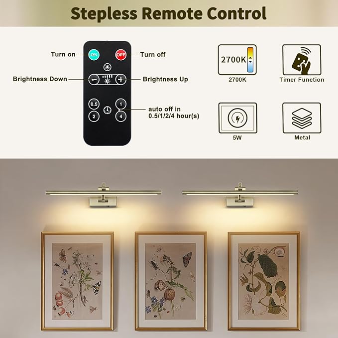 Wireless Picture Lights Rechargeable Gallery Lighting Battery Picture Frame Light with Remote and Timer, Adjustable Art Light for Paintings, Portraits, Antique Bronze Finish 24'' Inch 5W 2700K