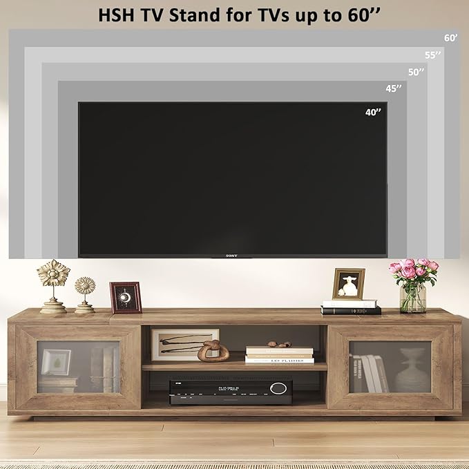 HSH 55" TV Stand for TVs up to 60 Inch, Entertainment Center with Sliding Doors and Under TV Storage Cabinet,Modern TV Media Console Wood for Living Room and Bedroom,Rustic Oak