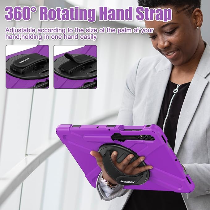 BRAECNstock for Samsung Galaxy Tab S10+ Plus/ S9 FE+ Plus/ S9+ Plus/ S8+ Plus/ S7 FE/ S7+ Plus 5G Tablet Case 12.4" Shockproof Protective Kids Case with Pen Holder Rotating Hand Strap & Stand - Purple