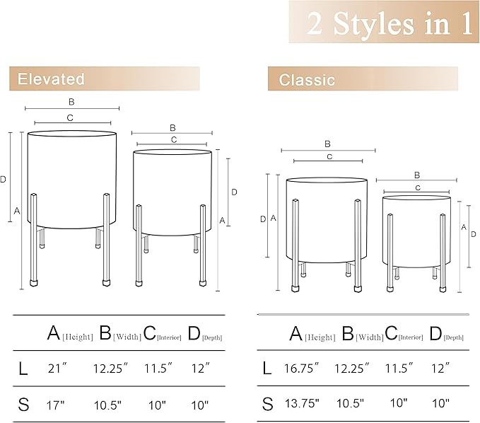 ARNIS Modern Plant Pots, Large Planters with Stand, Set of 2 Decorative Planters, Metal Plant Pots with Drainage Holes for Living Room, Office, Garden or Balcony, 10.5 &12.25 Inch, Black