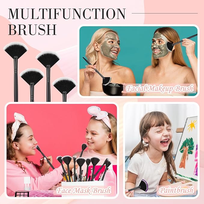 12 Pcs Soft Facial Fan Brush Blush Makeup Brush Face Mask Acid Applicator Multi Use Cosmetic Tools for Peel Mask Makeup for Mud Cream(Black)