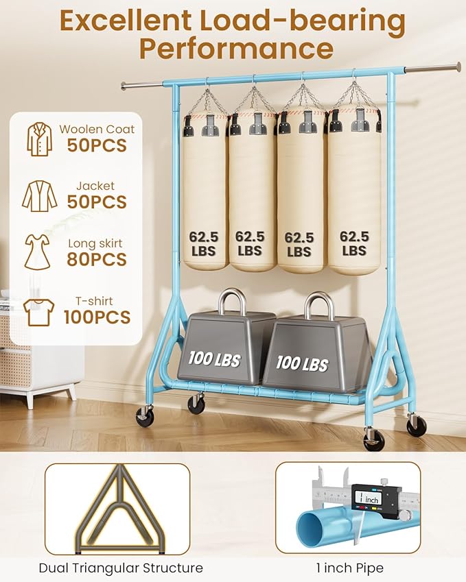 Heavy Duty Clothing Rack, Metal Clothes Rack Load 450 LBS, Rolling Coat Racks for Hanging Clothes with Lockable Wheels, Wardrobe Closet Garment Racks for Bedroom, Sky Blue