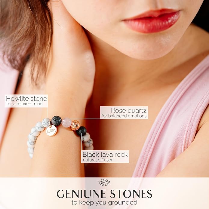 Lava Rock Beaded Diffuser Bracelet for Women with Lavender Essential Oil, 18K Gold-Plated Charm Soothing Crystal Beads Boho Stretch Bracelet for Aromatherapy, Birthday and Valentine’s Day Gift for Her