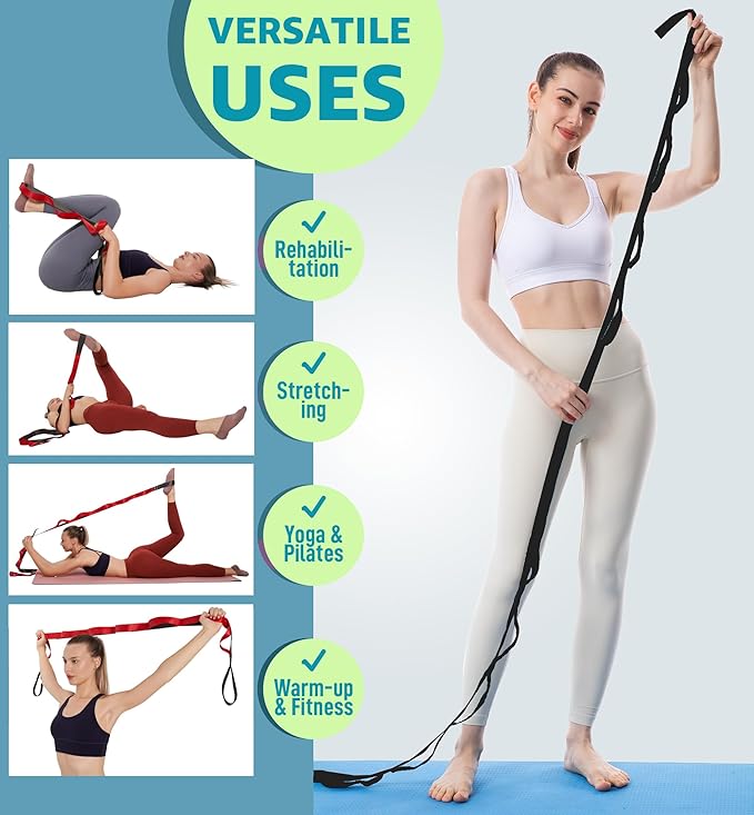 Gradient Fitness Therapy Stretching Belt, 12 Circle Multi Ring Stretching Belt (1.5 inches wide x 86.6 inches long), Therapy Equipment, Yoga Stretcher Strap,Leg Stretcher. Equipped with arch foot pads and pointed massage balls