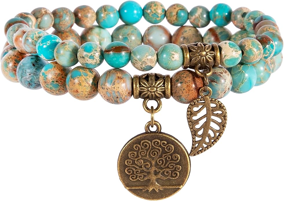 Bivei Natural Semi Precious Gemstone beads bracelet for women - Life Tree and Leaf Charm Energy Reiki Crystal Stretch Bracelets