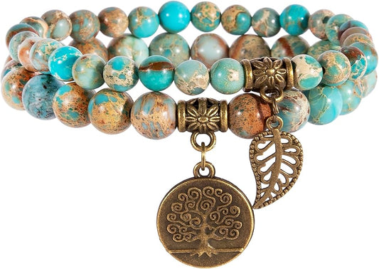 Bivei Natural Semi Precious Gemstone beads bracelet for women - Life Tree and Leaf Charm Energy Reiki Crystal Stretch Bracelets