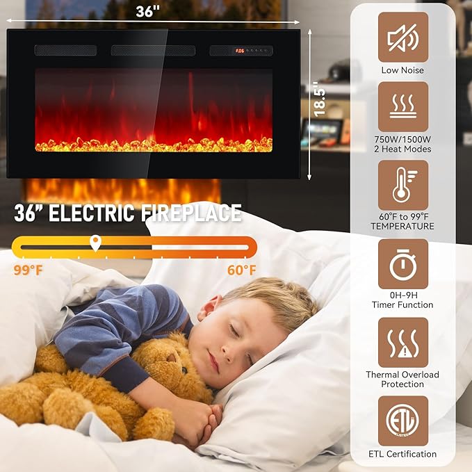 70" TV Stand with 36" Electric Fireplace, Large Modern Media Entertainment Center with Storage Cabinet and 12 Colors LED Lights for TVs Up to 80",White and Black