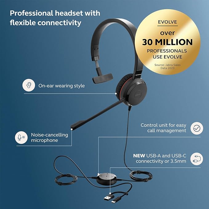 Jabra Evolve 30 II Wired Single-Ear Headset with Mic for Work - 3.5mm Jack, USB-A/USB-C Connectivity, Computer Headset with Noise-Cancelling Microphone, Works with Online Meeting Platforms - Black