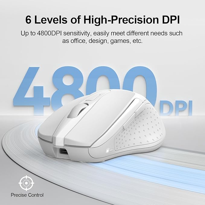 TECKNET Rechargeable Wireless Mouse, 2.4G Silent Quiet Click, 6 Adjustable 4800 DPI, Cordless Computer Mouse, Ergonomic Mouse for Laptop, 6 Buttons USB for Chromebook, Ergo Grip - White
