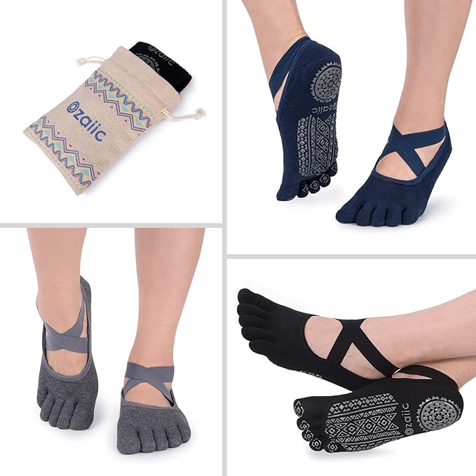 Ozaiic Yoga Socks for Women with Grips, Non-Slip Five Toe Socks for Pilates, Barre, Ballet, Fitness