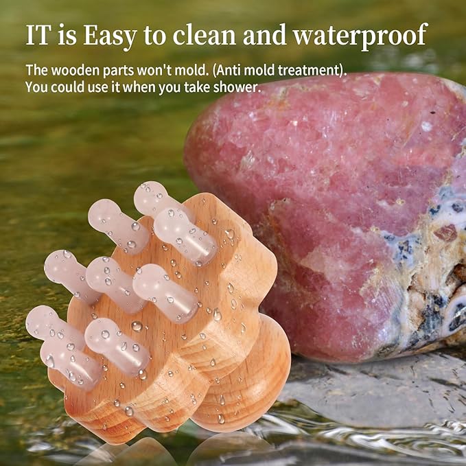 Natual Jade Massage Head, with Wooden Hander Comb,for Scalp Massager, Head Ficial, Body Acupressure Tool,gua sha Scraping, Relieve Fatigue,Stress Relax Device,for Hair Growth (Pink)