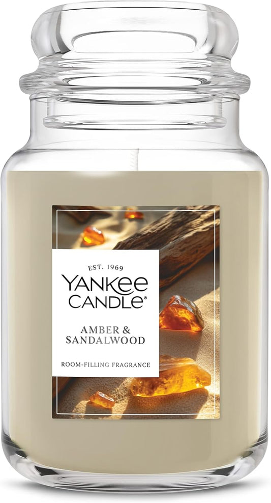 Yankee Candle Large Jar Scented Candle with up to 150 Hour Burn Time, Premium Plant Wax Blend for Consistent Burn, 22 oz Jar Candle with Room Filling Fragrance, Amber & Sandalwood