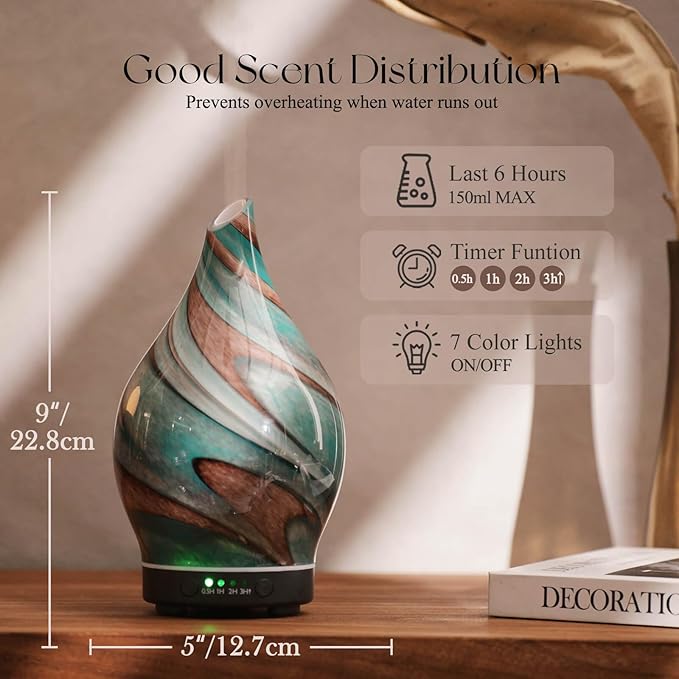 Porseme 150ml Essential Oil Diffuser Glass Color Changing Aroma Air Diffusers Aromatherapy Ultrasonic Cool Mist Humidifier 4 Running Hours Waterless Auto-Off for Sleeping Yoga Office Spa (Teal Green)