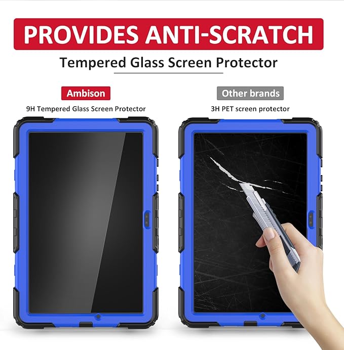 Ambison Case for Samsung Galaxy Tab A9+ Plus 11'' 2023, [Kids Proof] Full Body Protective Case with 9H Tempered Glass Screen Protector, 360° Rotatable Kickstand & Hand Strap (Blue)
