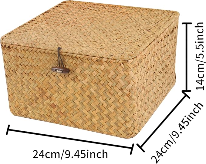 Wicker Shelf Baskets with Lid, Handwoven Seagrass Storage Basket Bins Square Gift Boxes for Shelves Home Decor Organizer (Natural, Medium)