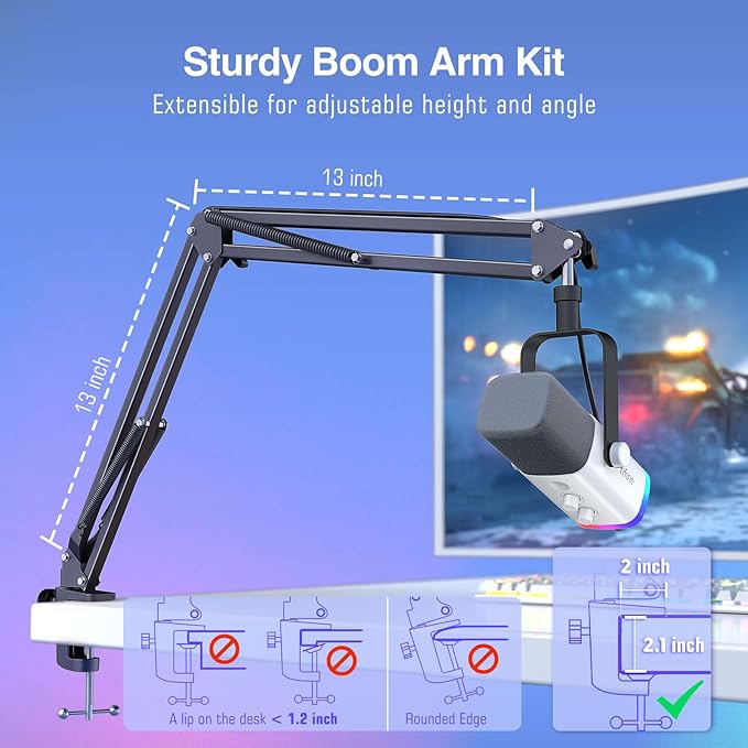 FIFINE Gaming XLR/USB Microphone Kit, Streaming Dynamic Mic Set for PC, Computer Mic for Vocal Podcast Recording Voiceover, with Headphones Jack, Gain Knob, Arm Stand-AmpliGame AM8T White