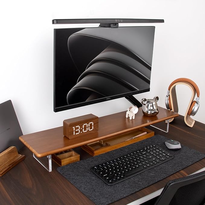 Bamboo Monitor Stand Riser with Acrylic Legs for Desk, 31.5 Inches Desktop Shelf Supports for PC Computer Monitor, Laptops, Printer, Speakers (Brown)