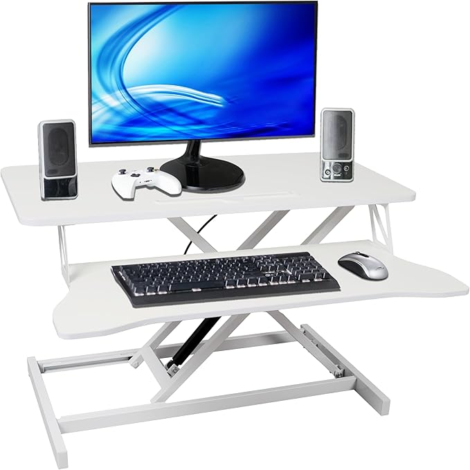 32 Inch Height Adjustable Stand Up Laptop Desk Converter, Heavy Duty Standing Computer Workstation Riser with Removable Keyboard Tray for Home Office Workshop, Spacious Platform for Monitor, White