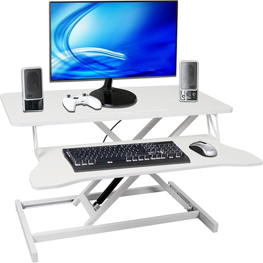 32 Inch Height Adjustable Stand Up Laptop Desk Converter, Heavy Duty Standing Computer Workstation Riser with Removable Keyboard Tray for Home Office Workshop, Spacious Platform for Monitor, White
