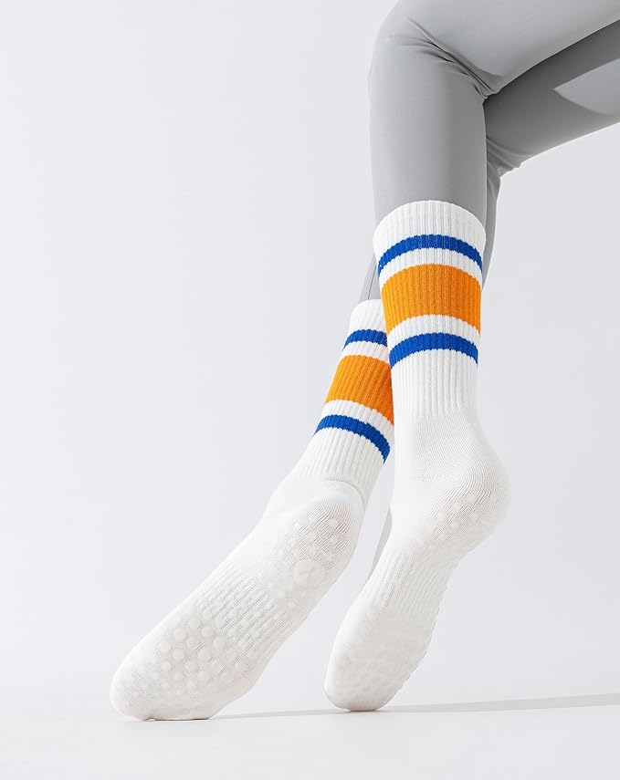 Yawlsow 3 Pairs Pilates Grip Socks for Women Yoga Grippy Striped Retro Crew Socks Non Slip Sticky Barre Sock with Grippers