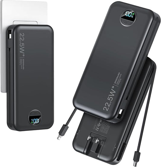 20000mAh Ultra-Portable-Charger-Power-Bank with Built in Cables&AC Wall Plug,PD20W USB-C Fast Charging Cell Phone Charger Battery Pack,LED Display Travel Battery Bank for All iPhone,Samsung,Android