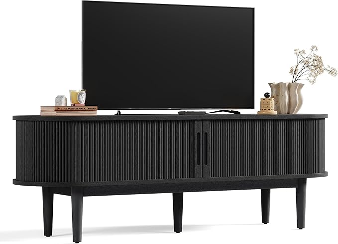 LINSY HOME Fluted TV Stand for 65" TV, Mid-Century Modern Wood Entertainment Center with Sliding Tambour Door and Storage Cabinet, Boho TV Media Console Table for Living Room, Bedroom, Black