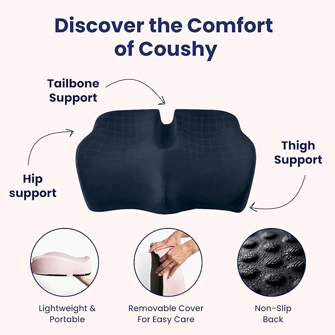 Coushy|Ergonomic Seat Cushion-Use As Car Seat Cushion/Office Desk Accessories| Chair Cushions for Dining Chairs-Home Office Chair Cushion Supporting Other Sciatica Pain Relief Devices (Black, Large)