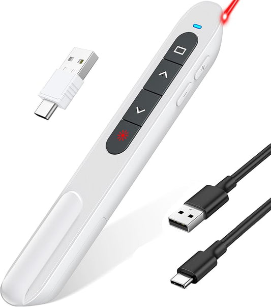 Rechargeable Presentation Clicker USB C Wireless Presenter Remote with Volume Control, RF 2.4GHz White Computer Presentation Remote PowerPoint Clicker Slide Advancer for Teachers Office (White