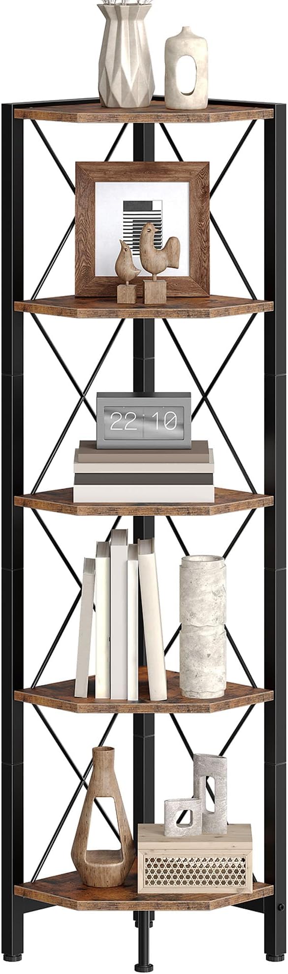 5-Tier Corner Shelf, Corner Bookcase, 55.2" Tall Vertical Display Rack, Plant Stand, Open Storage Shelf, for Living Room, Bedroom, Study, Kitchen, Rustic Brown and Black TCJ12BF