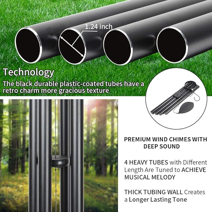 Large Wind Chimes Outside Deep Tone,44" Memorial Wind Chimes Outdoor with 4 Heavy Tubes Soothing Melody Sympathy Gift for Mom Patio Hanging Decor(Black)