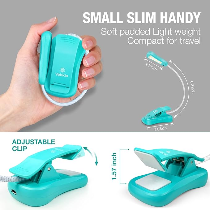 Vekkia Rechargeable Book Light for Reading in Bed, 3 Color x 3 Brightness, Lightweight Reading Light, Up to 70 Hours Lighting, Great for Readers, Travel (Blue)