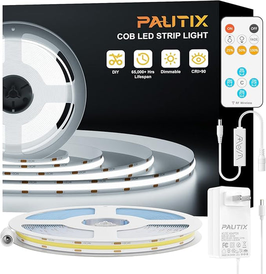 PAUTIX COB LED Strip Light Daylight White 6000K 16.4ft UL Listed CRI93+ Super Bright Dimmable 24V Flexible LED Tape Lights with RF Remote,for Cabinets Bedroom Mirror TV Office Decor DIY Lighting
