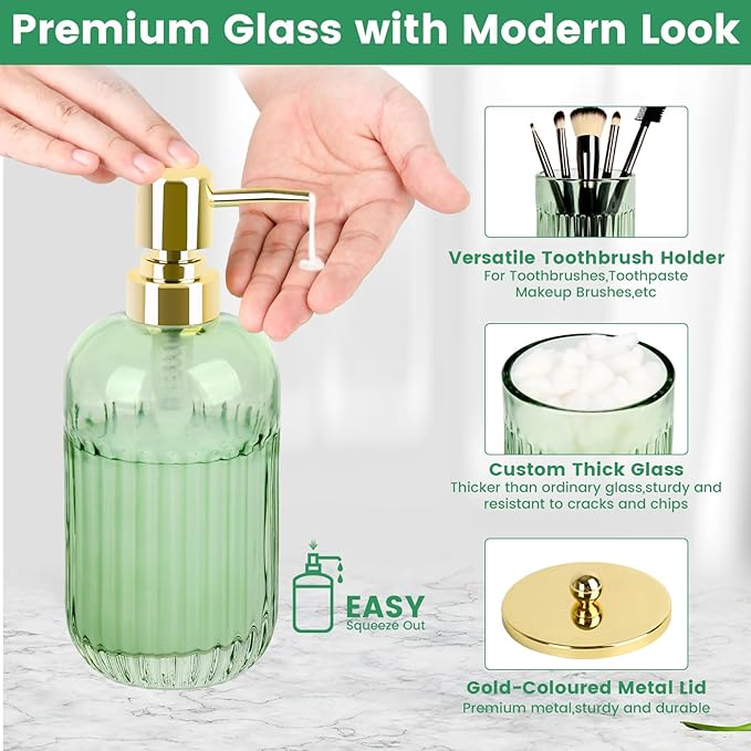 Bathroom Accessories Set,4 Pcs Green Glass Bathroom Accessories Set with Toothbrush Holder,Lotion Soap Dispenser,2 Qtip Holder Dispensers - Countertop Organizer for Modern Bathroom Decor - Green