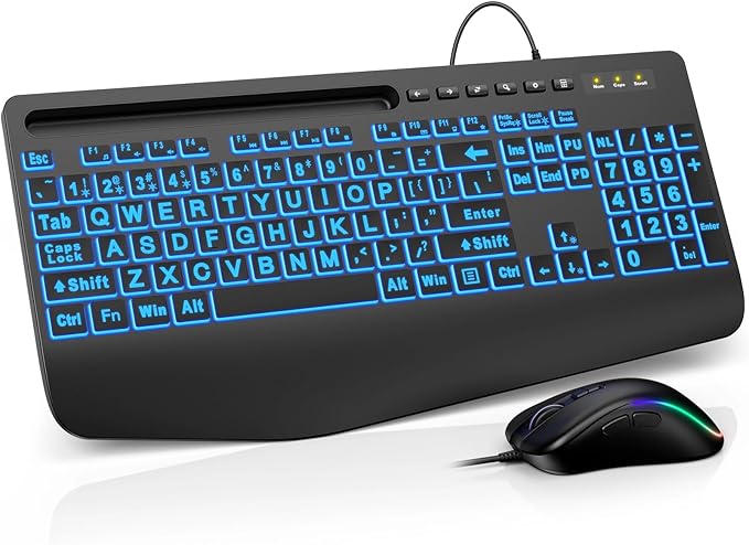 Wired Keyboard Mouse Combo - Large Print Backlit, Ergonomic Wrist Rest, 6 DPI RGB for PC/Windows - Ideal for Seniors, Students, Office and Home SABLUTE