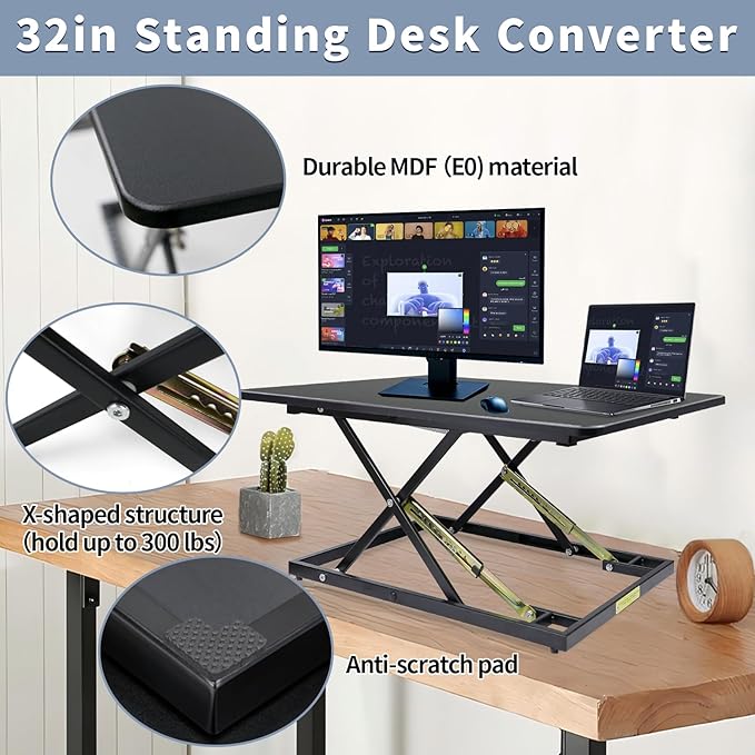 32in Desk Riser for Standing or Sitting, Standing Desk Converter, Height Adjustable Sit Stand Desk Converter, Fully Assembled Monitor Laptop Riser Workstation for Home Office, Black