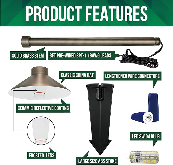 GKOLED Solid Brass Pathway Lights, Low Voltage LED Landscape Path Light, Outdoor Waterproof Accent Lighting, 12V AC/DC, 2700K Warm White, with 3W G4 LED Bulb & Large Rugged Slot Spike, 2 Pack