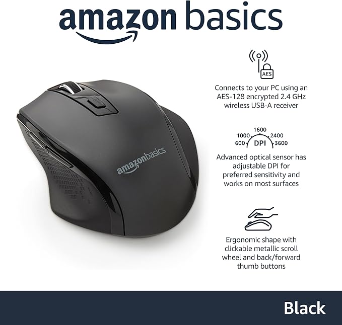 Amazon Basics Computer Mouse Wireless, Ergonomic, 2.4 GHz Optical, DPI Adjustable, Compatible With PC, Mac, Laptop, Black